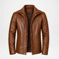A brown leather jacket with a stand-up collar, silver snap buttons, and a zippered front, displayed on a clean white background.