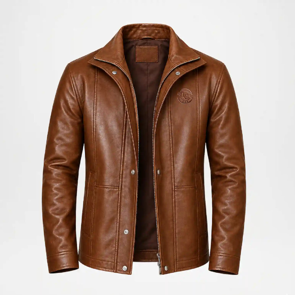 A brown leather jacket with a stand-up collar, silver snap buttons, and a zippered front, displayed on a clean white background.
