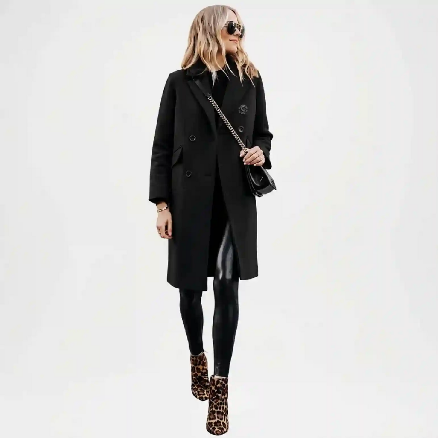 Black Wool Double Breasted Coat for Women
