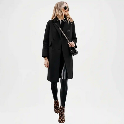 Black Wool Double Breasted Coat for Women