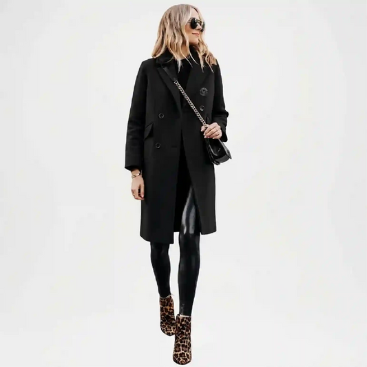 Black Wool Double Breasted Coat for Women