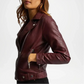 Maroon leather jacket worn by a person on a white background