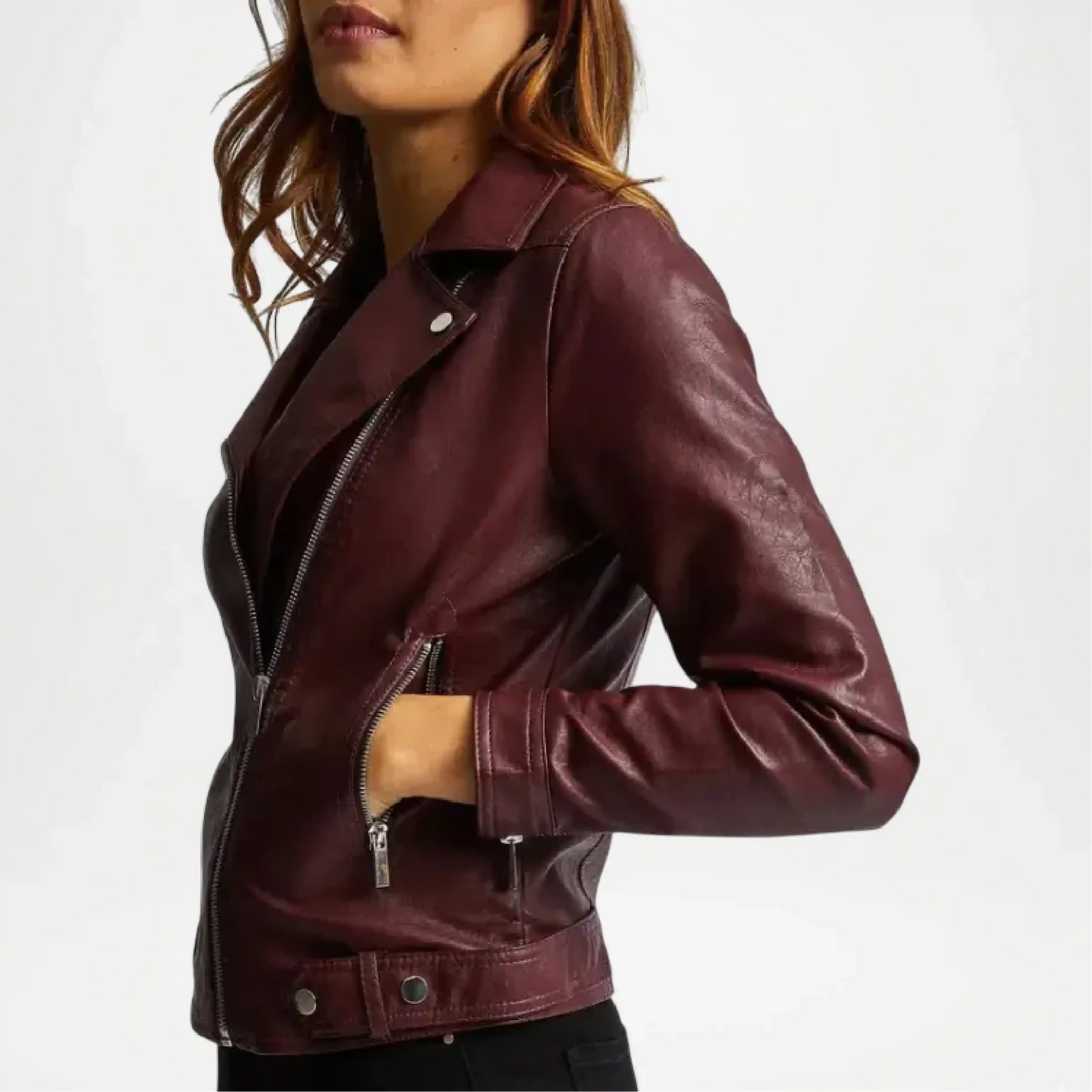 Maroon leather jacket worn by a person on a white background