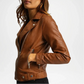 Brown leather jacket worn by a person on a white background with 2 side pocket