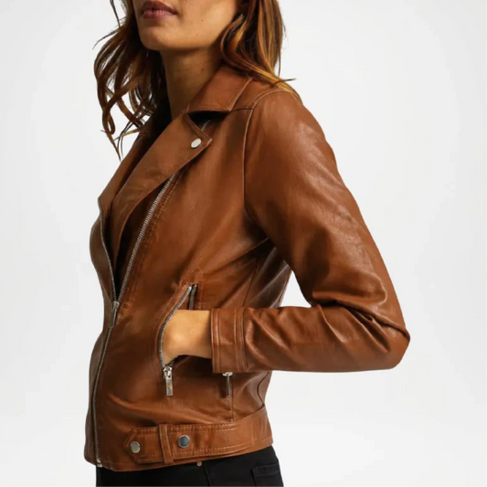 Brown leather jacket worn by a person on a white background with 2 side pocket