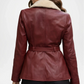 Maroon leather jacket with a belt and white fur collar 
