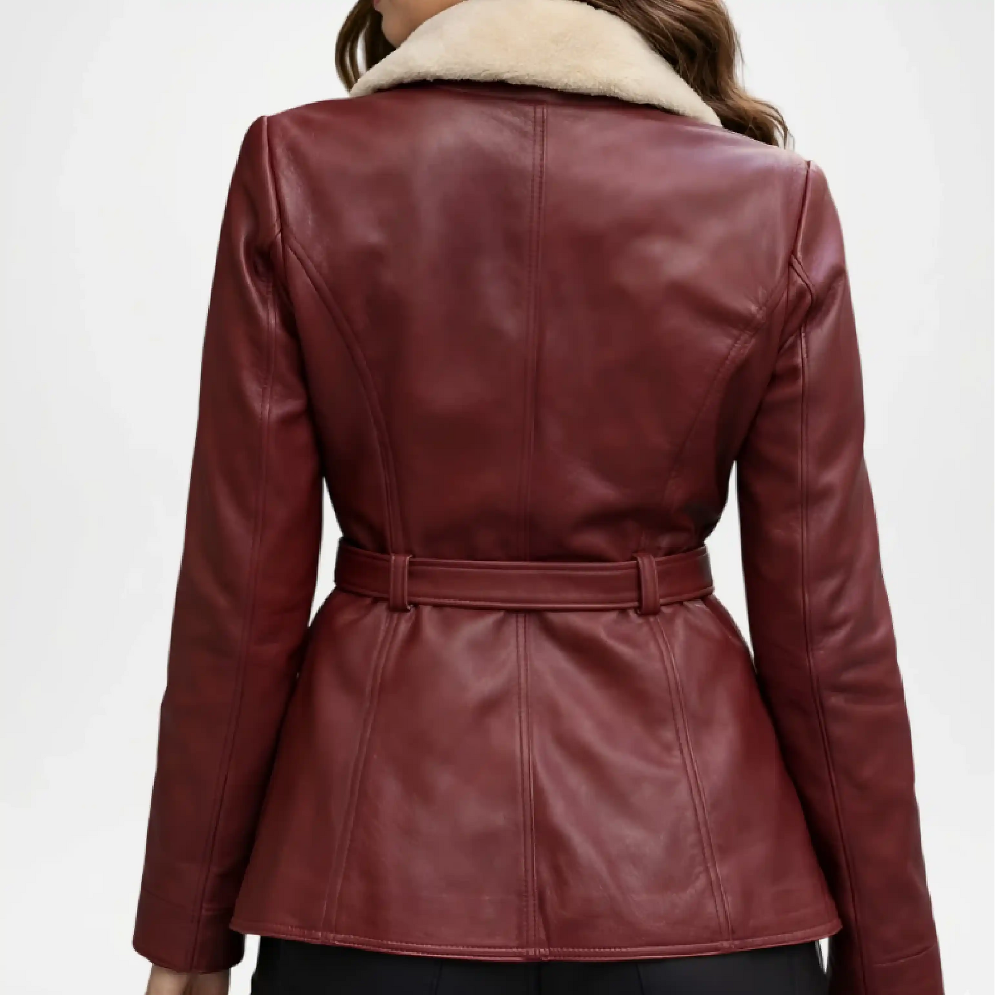 Maroon leather jacket with a belt and white fur collar 