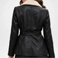 Black leather jacket with a belt and white fur collar back view