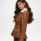 brown leather shearling jacket women outfit