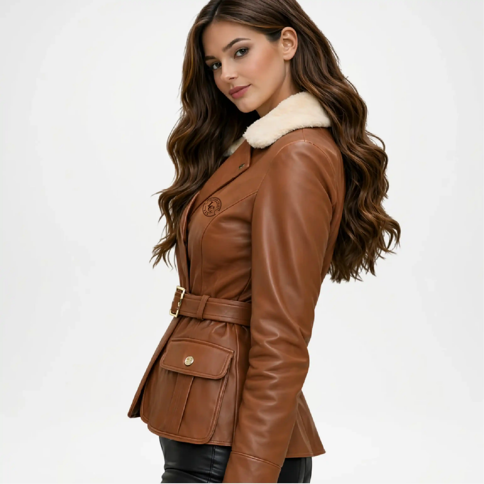 brown leather shearling jacket women outfit