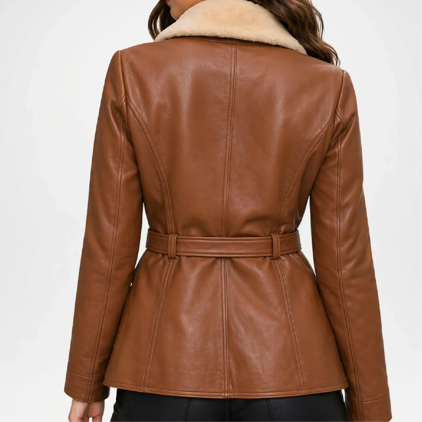 brown leather shearling back view