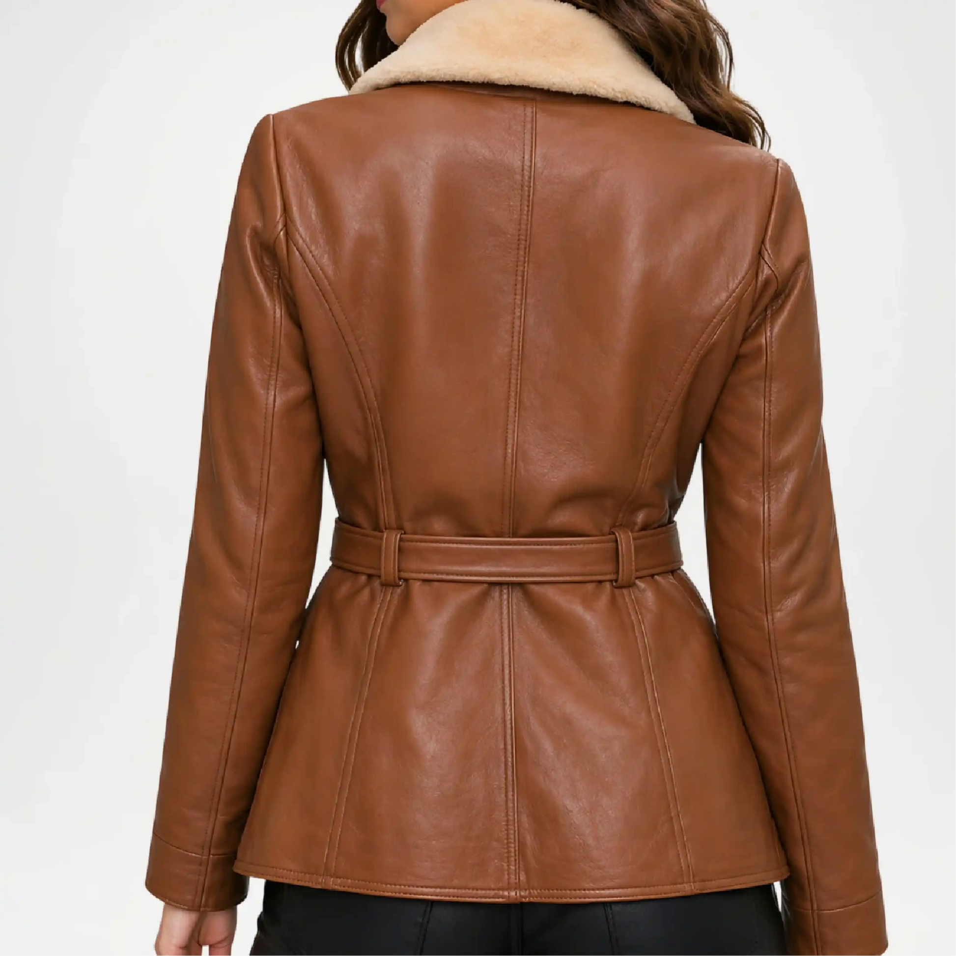 brown leather shearling back view