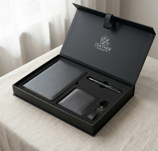 Black leather craft set with wallet, cardholder, and pen in a box on a light surface.