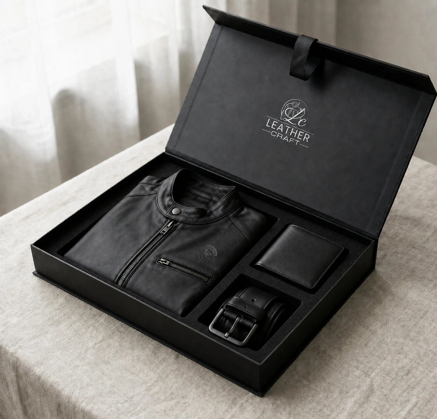 Black leather jacket, belt, and wallet set in a 'Leather Craft' box