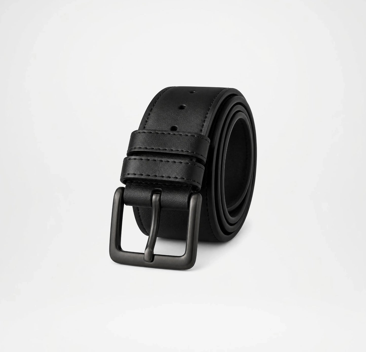 Black leather belt with a silver buckle