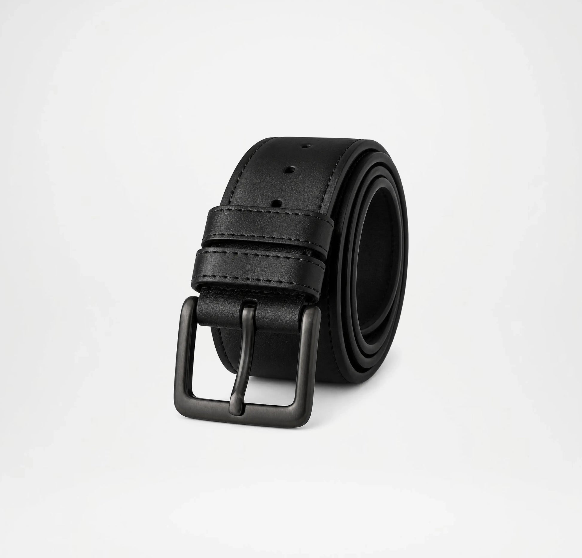 Black leather belt with a silver buckle