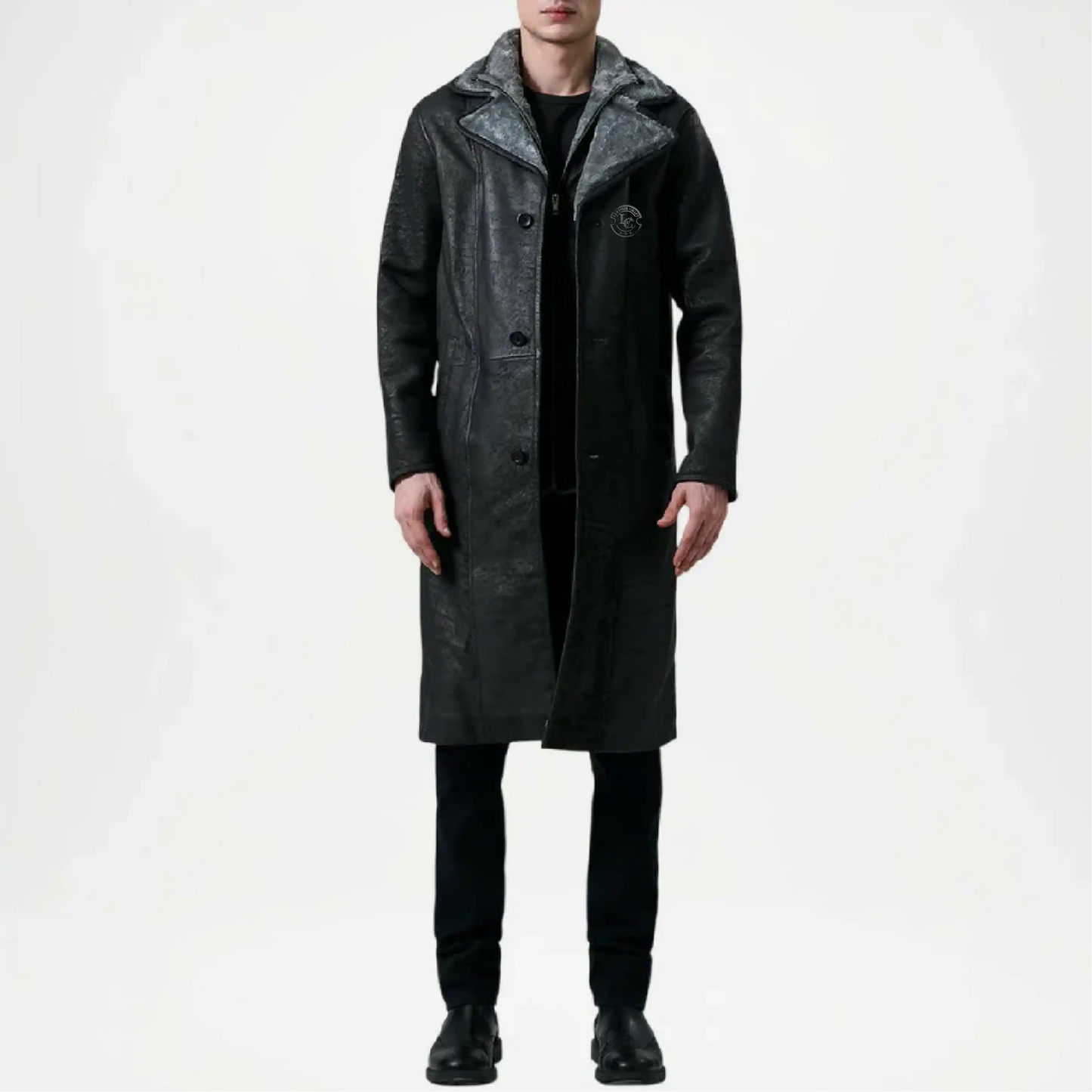 distressed black leather shearling coat