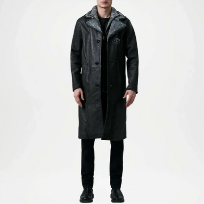 distressed black leather shearling coat