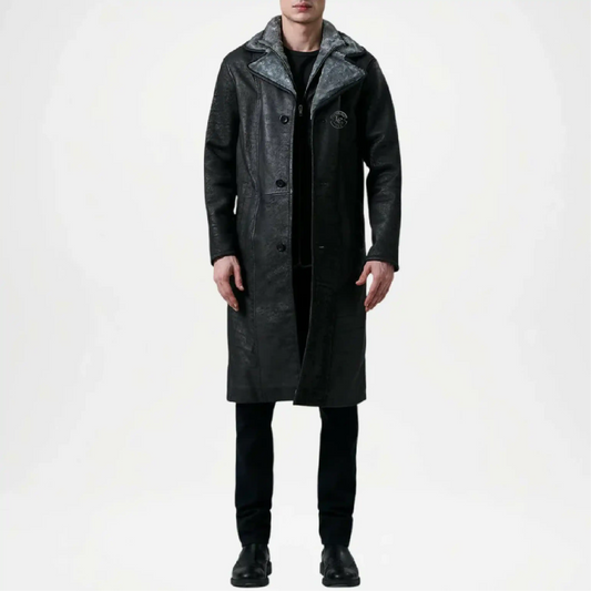 distressed black leather shearling coat