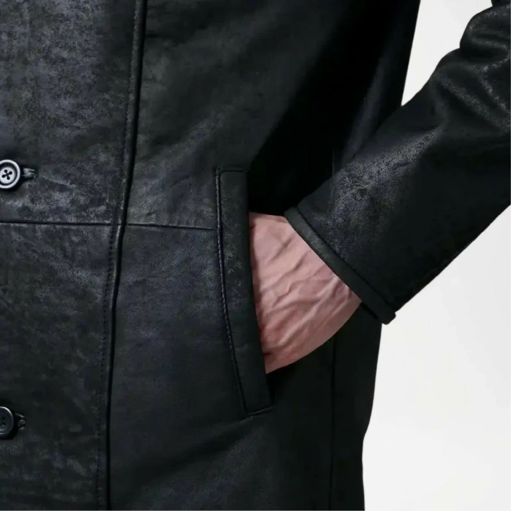 cai distressed black leather shearling coat