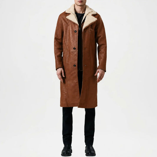 Cai Distressed Brown Leather Shearling Coat for Men