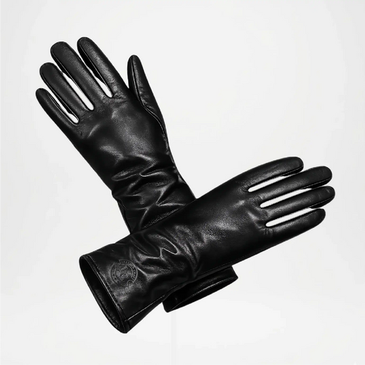 Pair of Long black leather gloves on a white background