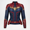 A Captain Marvel themed leather costume jacket with a high collar, featuring navy blue and red panels accented with gold trim and a gold star emblem on the chest.