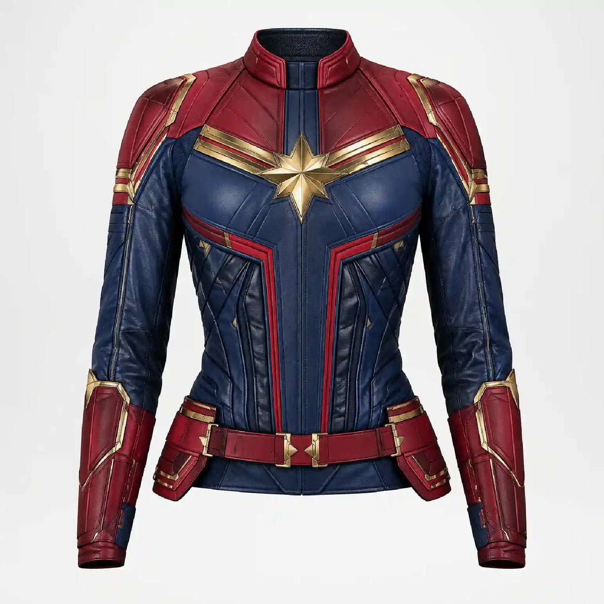 A Captain Marvel themed leather costume jacket with a high collar, featuring navy blue and red panels accented with gold trim and a gold star emblem on the chest.
