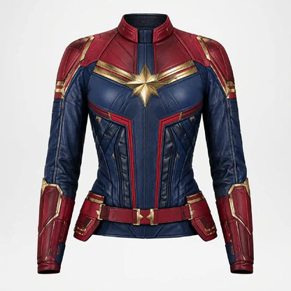 A Captain Marvel themed leather costume jacket with a high collar, featuring navy blue and red panels accented with gold trim and a gold star emblem on the chest.