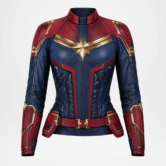 A Captain Marvel themed leather costume jacket with a high collar, featuring navy blue and red panels accented with gold trim and a gold star emblem on the chest.