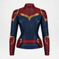 A cropped, fitted faux-leather jacket styled like Captain Marvel's armor, shown from the back on a white background. The color scheme is navy blue, dark red, and metallic gold.