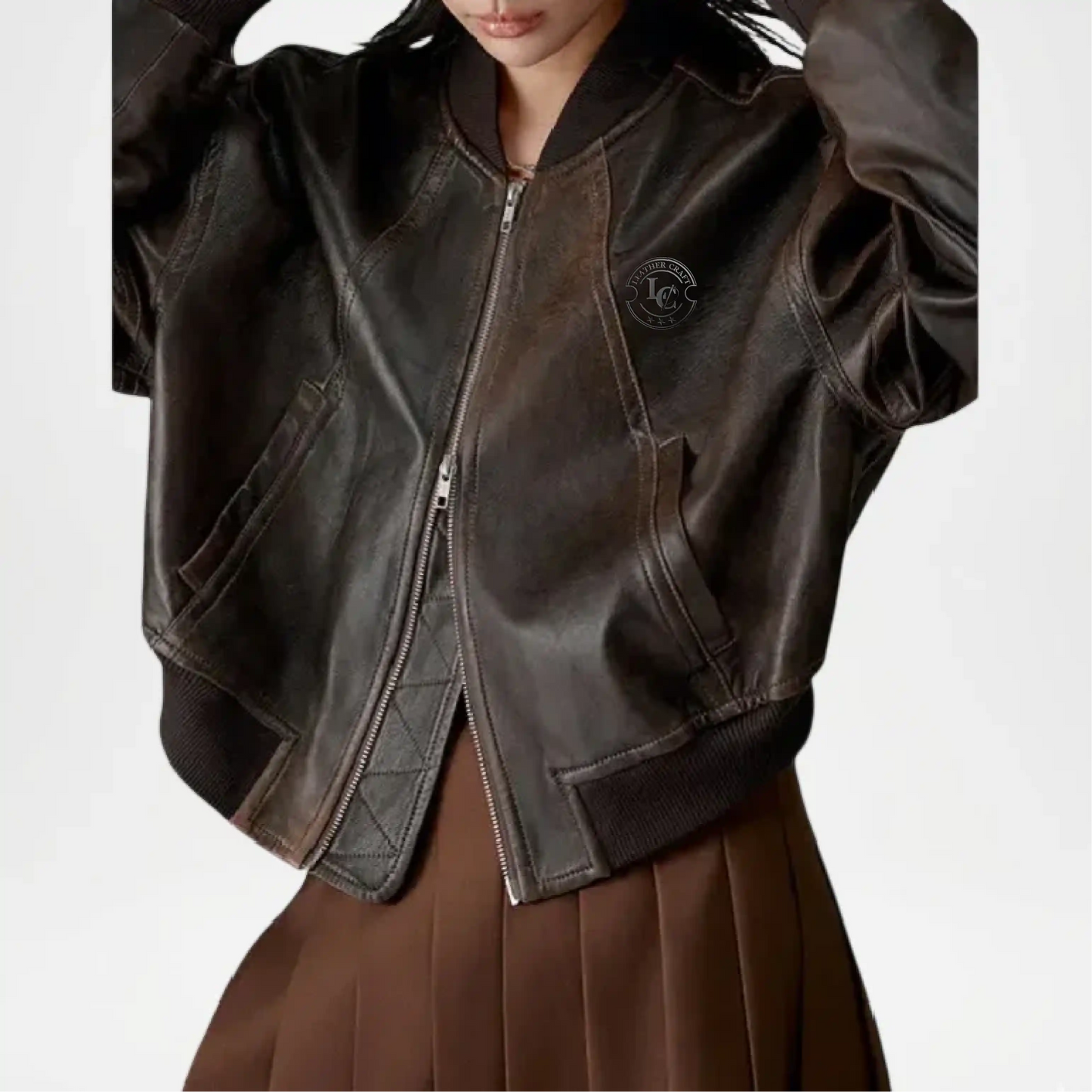 brown leather bomber jacket women vintage look