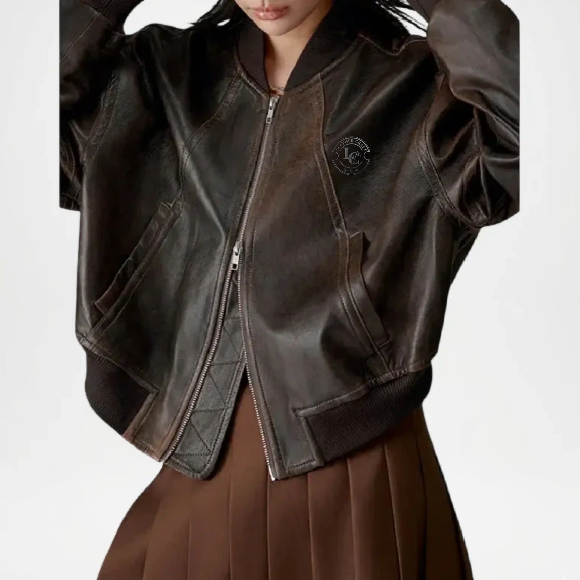 brown leather bomber jacket women vintage look