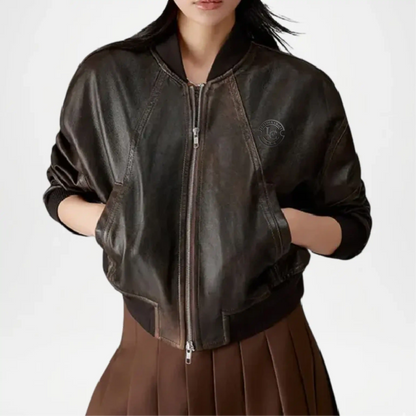 womens brown vintage bomber leather jacket charme style