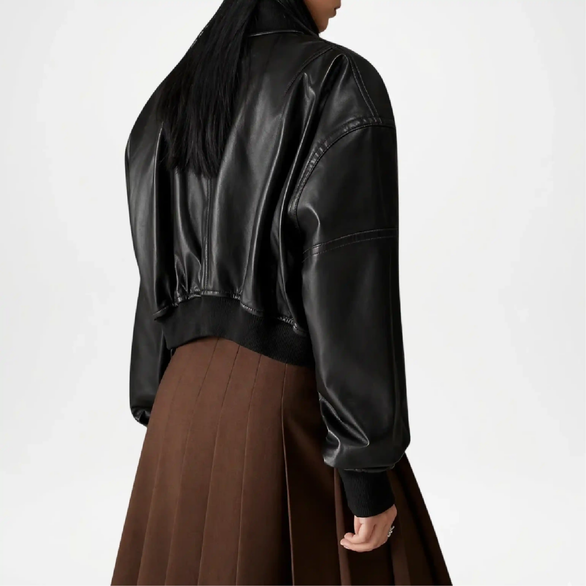 black vintage style leather jacket women bomber fit