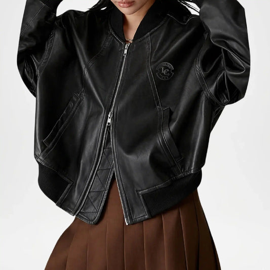 womens black retro bomber jacket leather