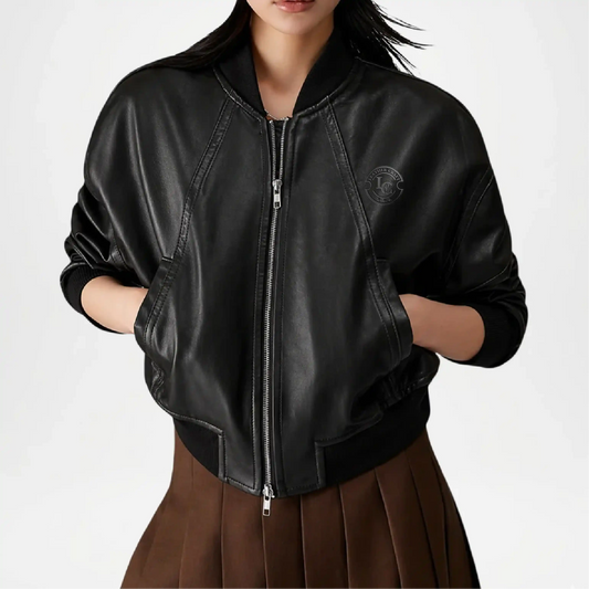 black leather bomber jacket women vintage look
