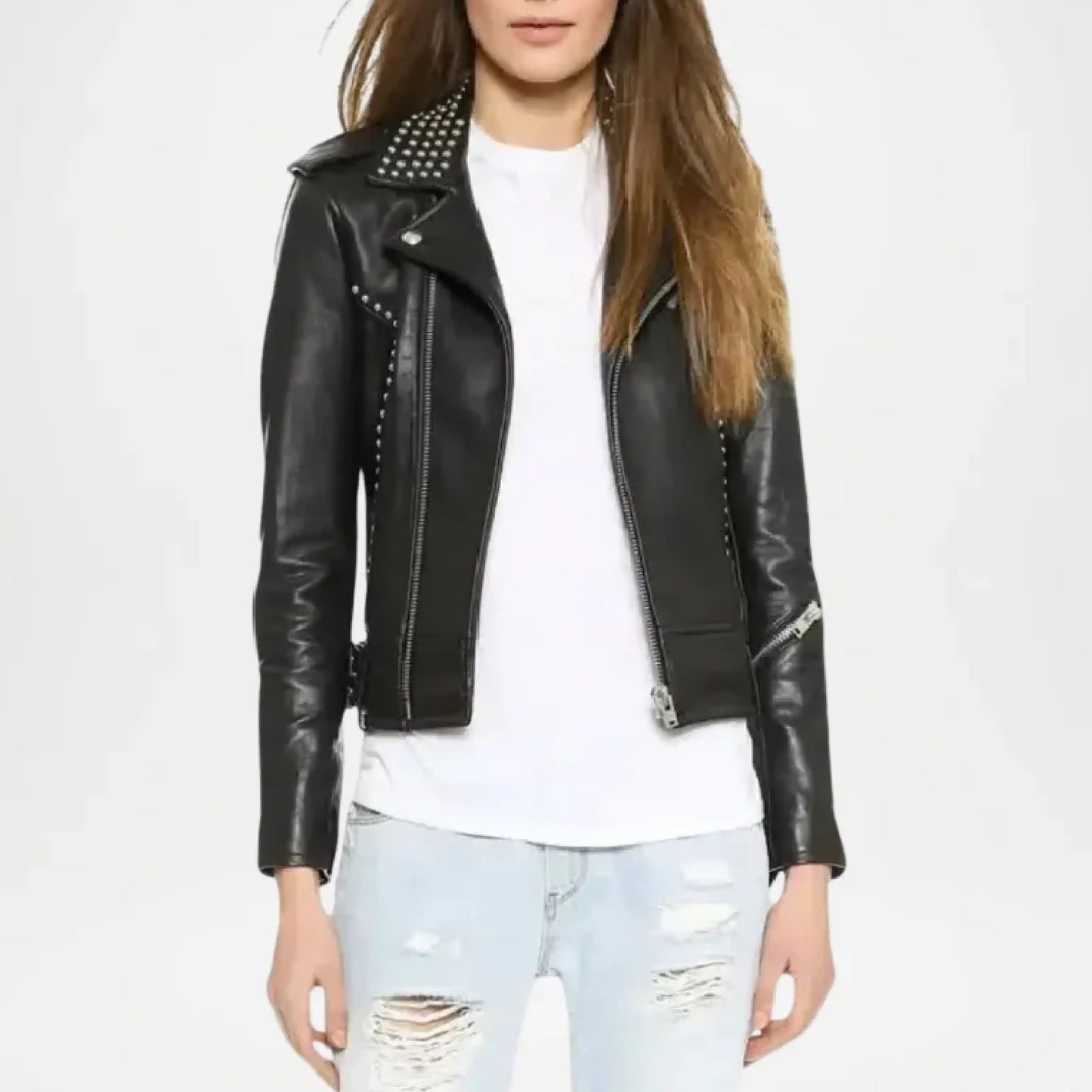 womens black studded biker leather jacket chic style
