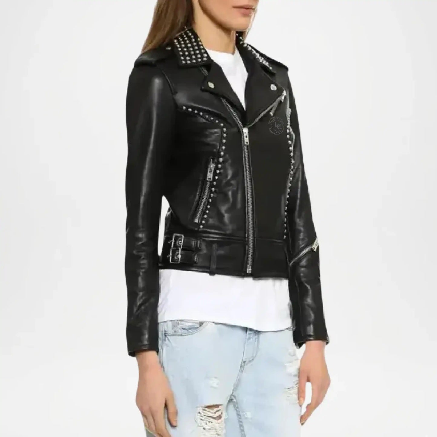 black studded moto jacket women leather