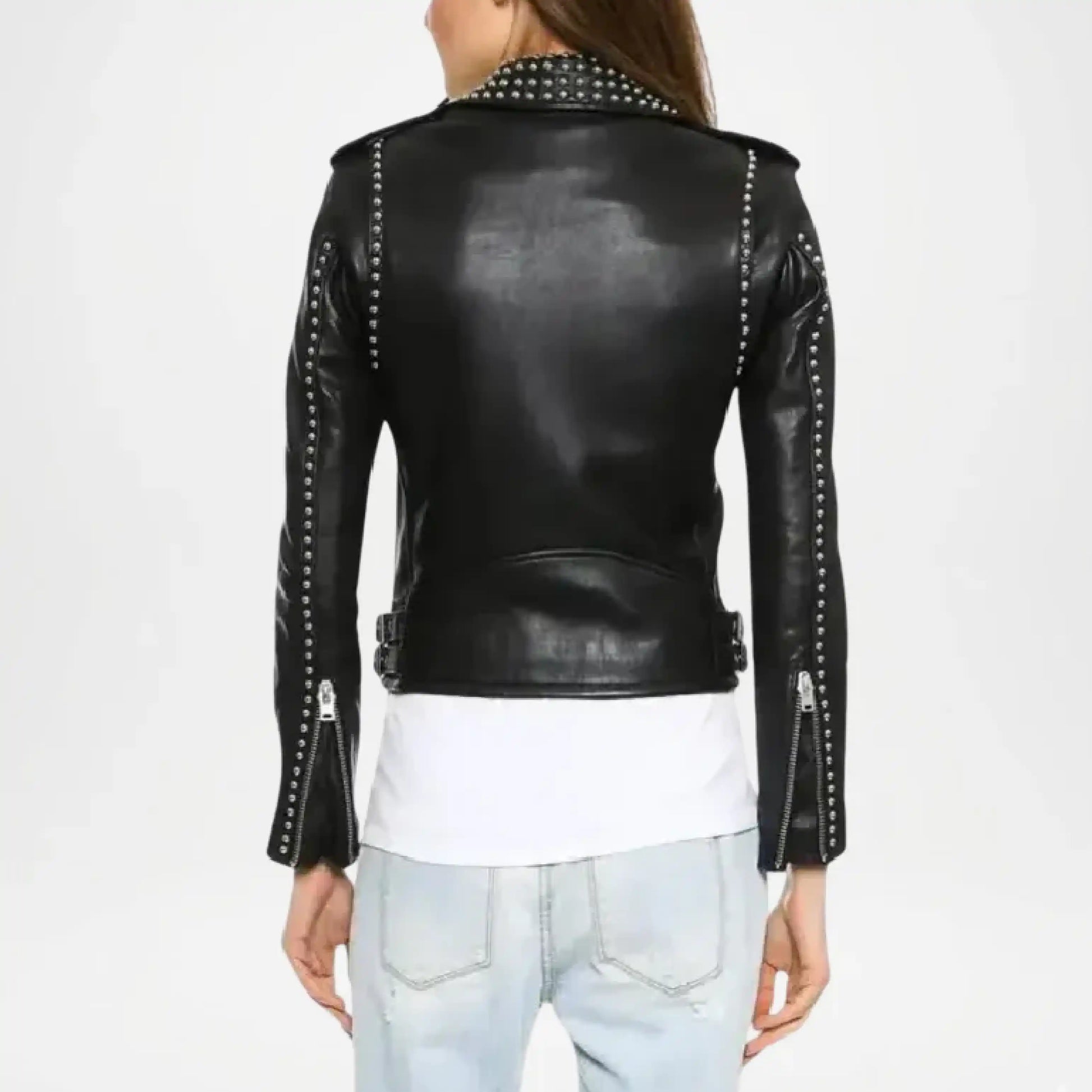 womens black leather biker jacket studs fashion