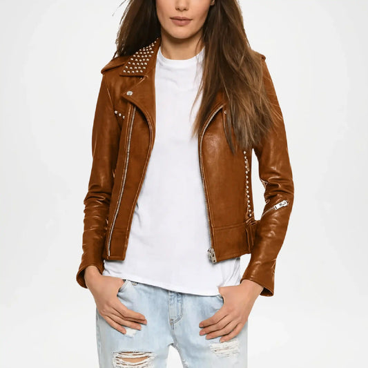 Person wearing a brown leather jacket with studs on a white background