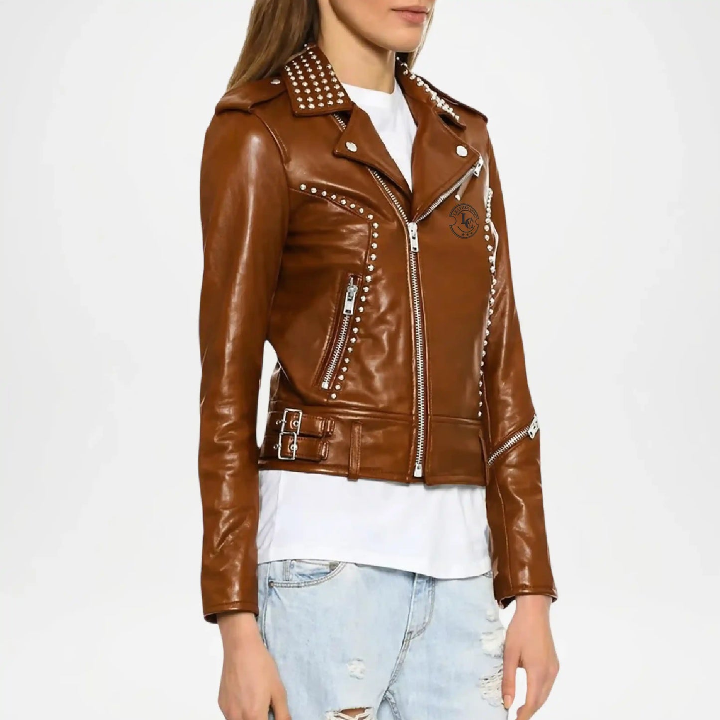 brown moto leather jacket women chic design