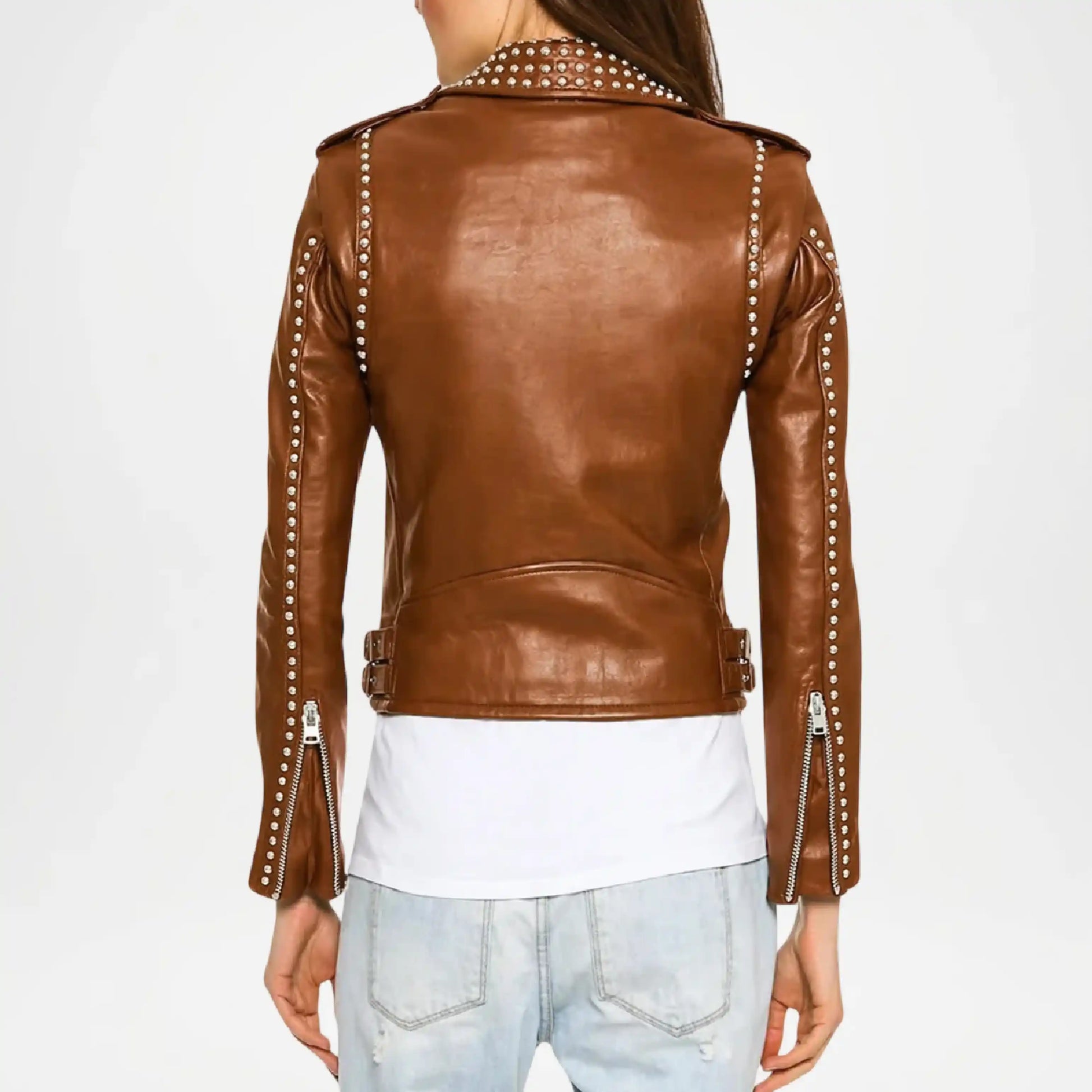 brown moto leather jacket women chic design