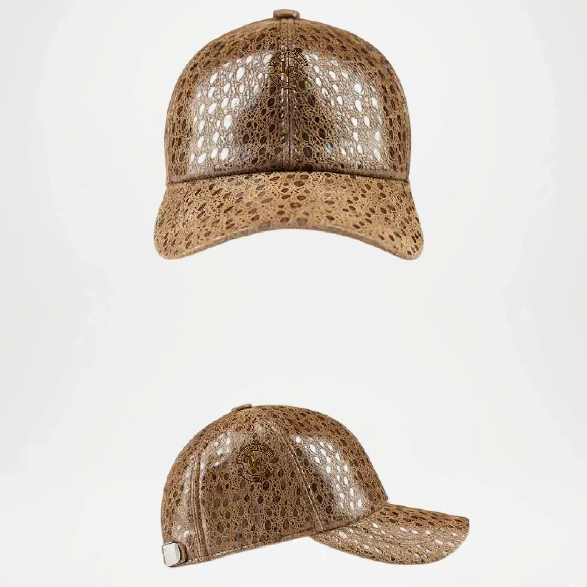 Two brown mesh baseball caps on a white background