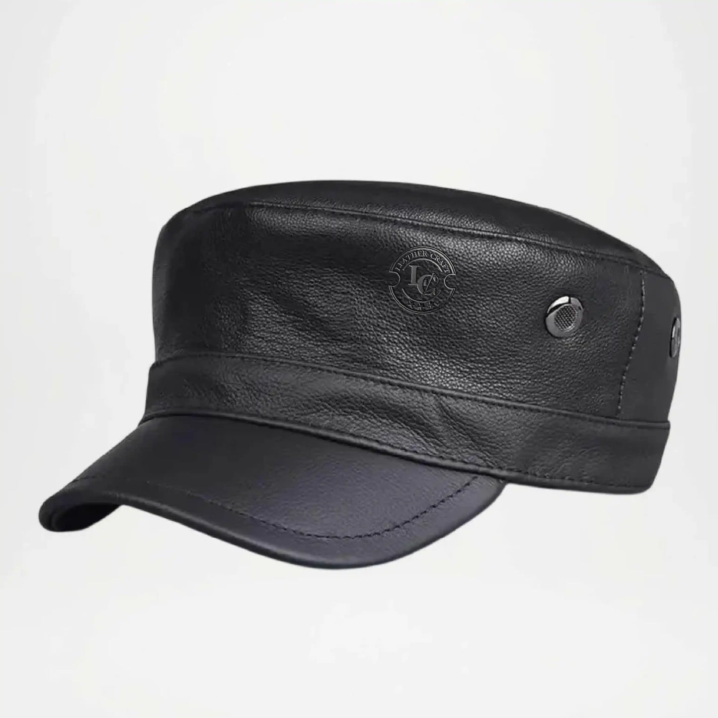 Chicago Plain Genuine Black Leather Army Cap