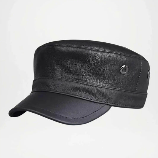 Chicago Plain Genuine Black Leather Army Cap