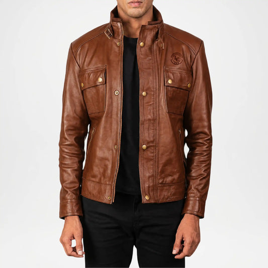 Classic Biker Style Men’s Brown Leather Moto Jacket
