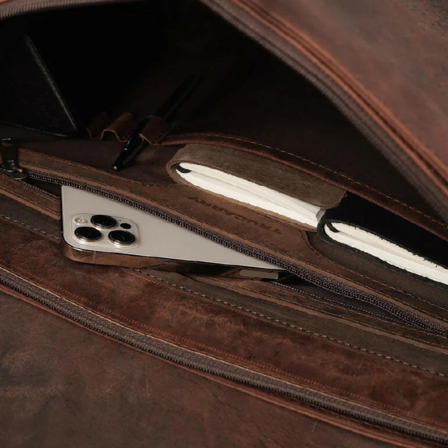 Close-up of a brown leather briefcase 