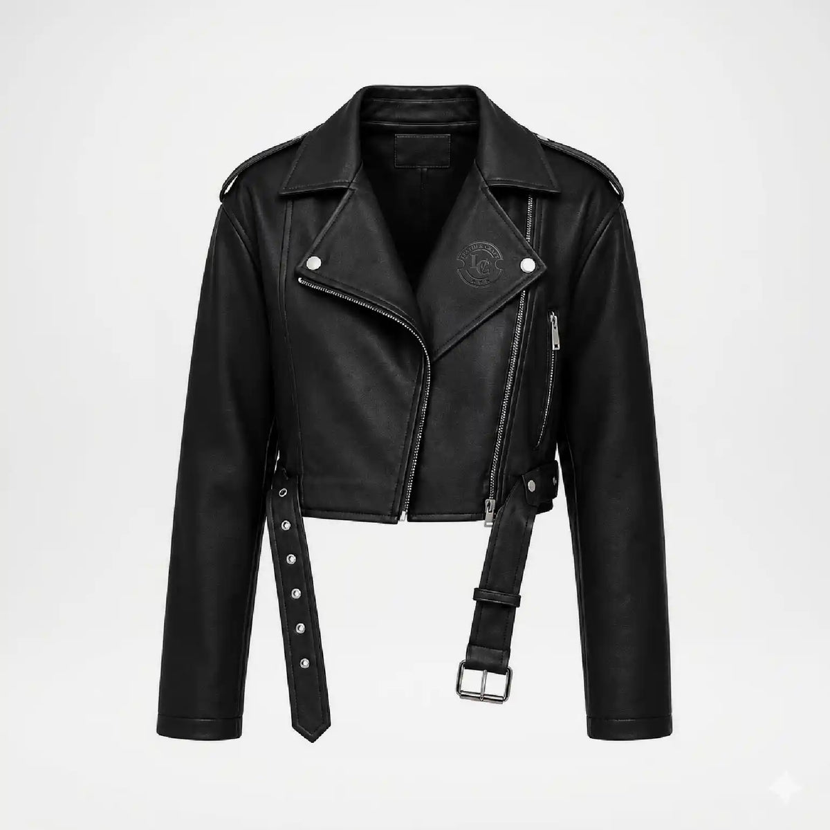 A black faux leather moto jacket with a belted waist, side zipper, and silver-tone hardware, shown against a plain light gray background.