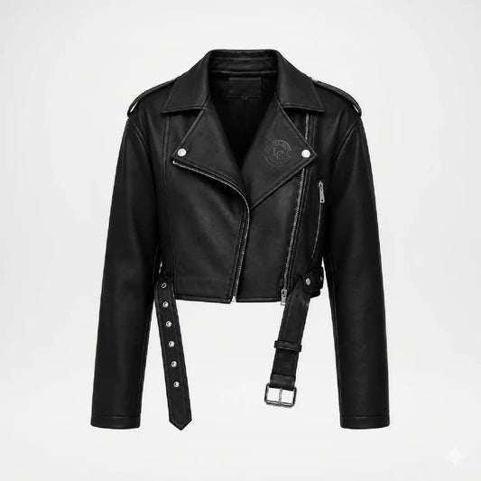 A black faux leather moto jacket with a belted waist, side zipper, and silver-tone hardware, shown against a plain light gray background.